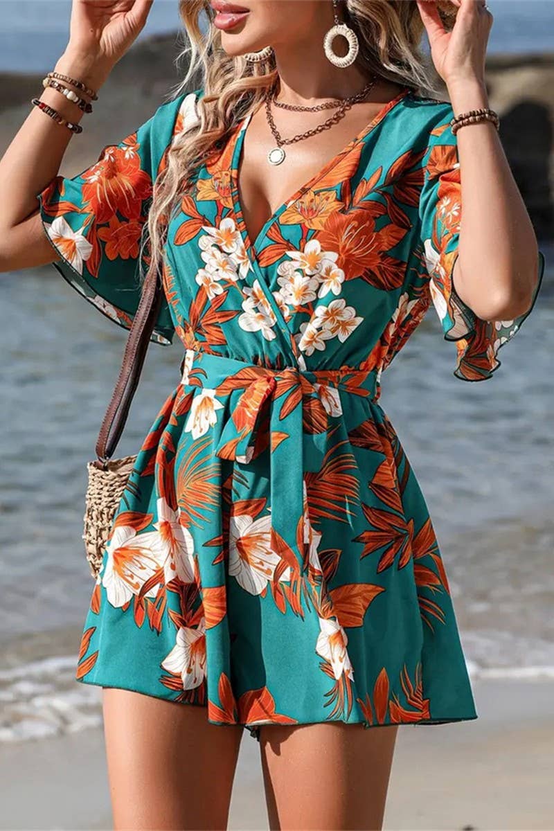 CWSJS1515_BEACH VACATION STYLE LOOSE BELT PRINTED JUMPSUIT