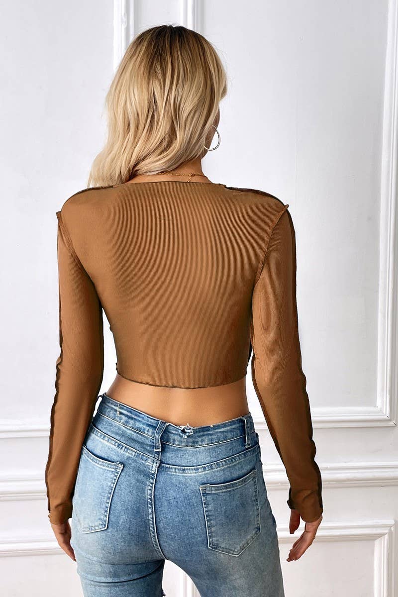 CWTBLL2744_SHORT NAVEL-BARING SOLID COLOR LONG-SLEEVED TOP