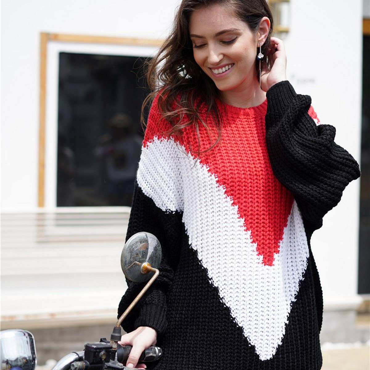 Color contrast large size patchwork striped sweater