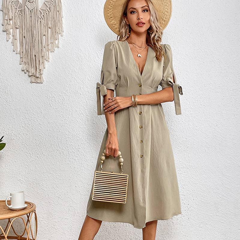 Button-up short sleeve slim V-neck dress