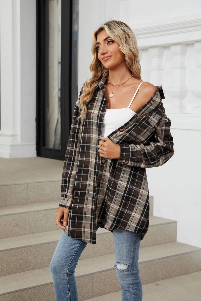 CWTBLL3745_AUTUMN AND WINTER STRIPED PLAID BUTTON-DOWN SHIRT