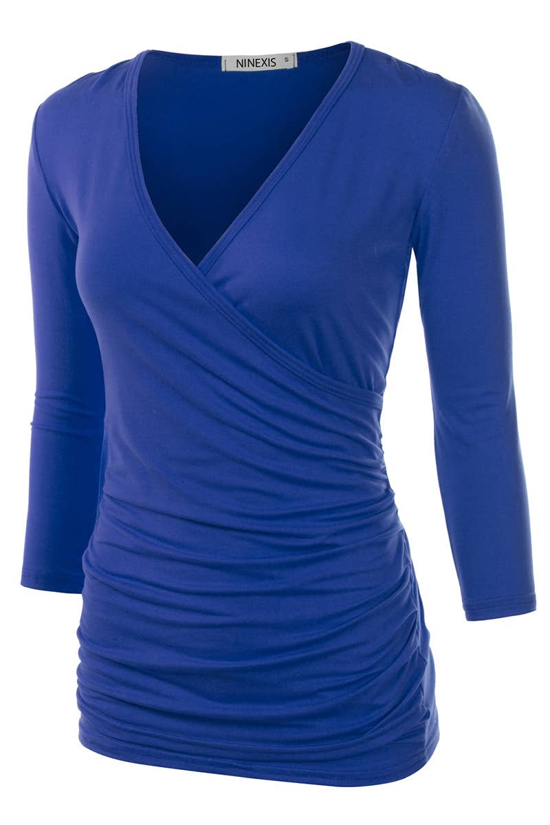 CWTTL1403_3/4 Sleeve Tank Tops Deep V-Neck Surplice Wrap