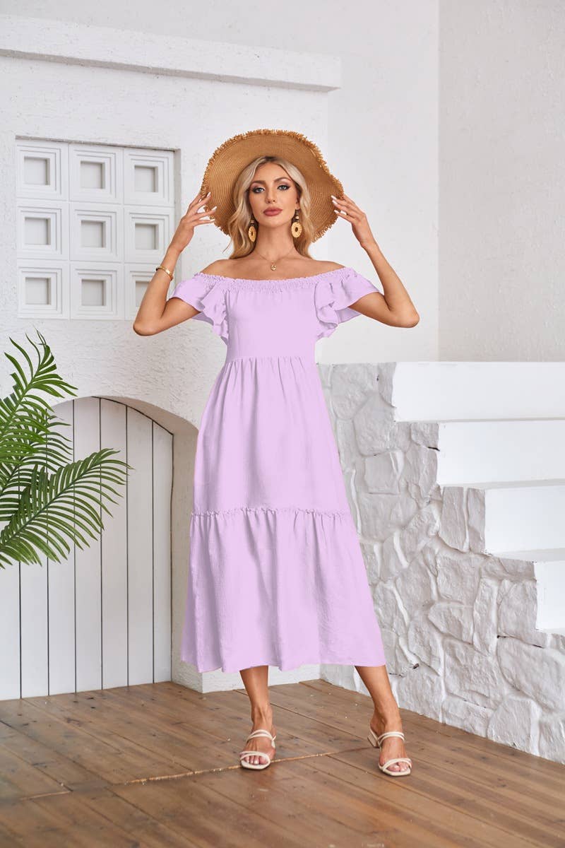 Fly-sleeve square neck off-the-shoulder dress