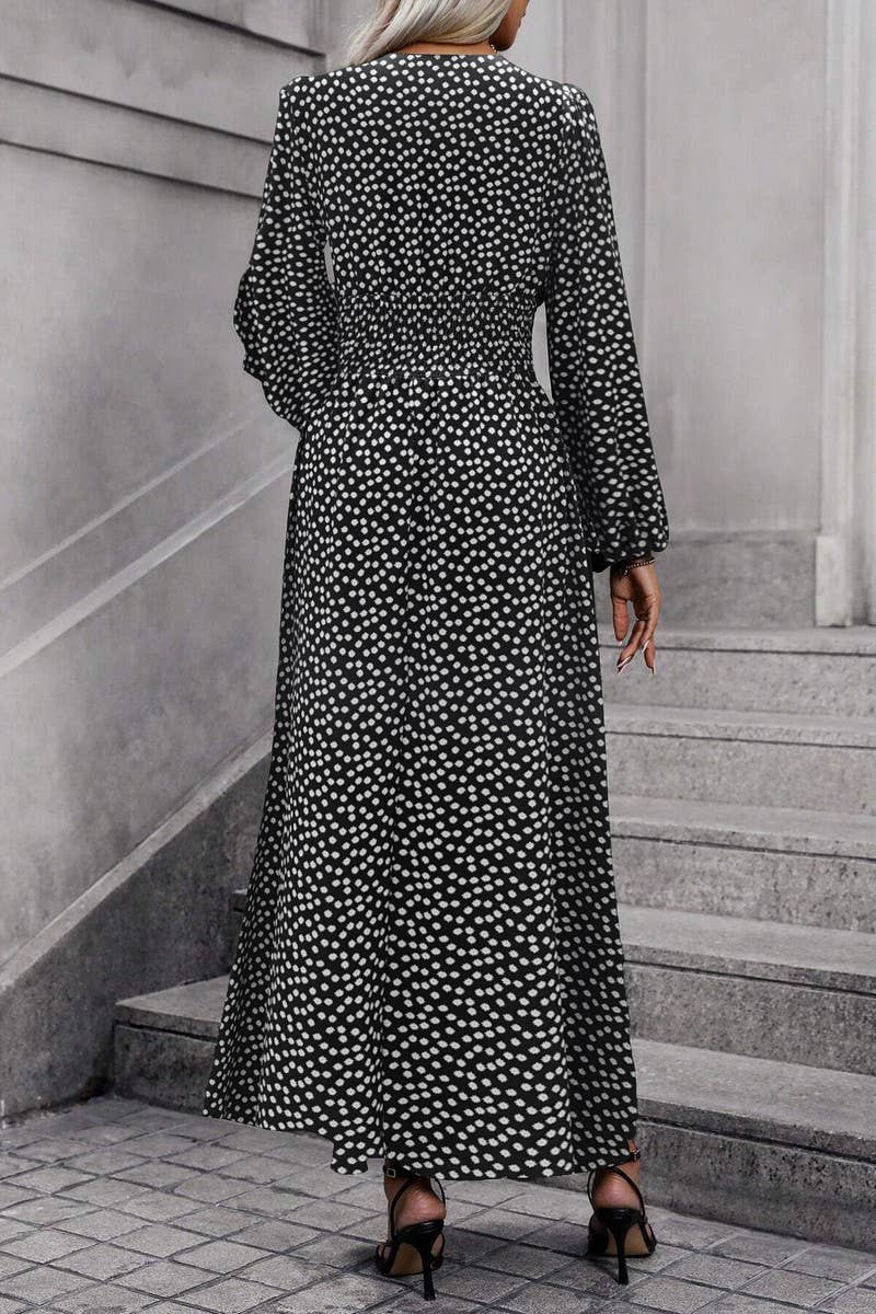 CWDMD3950_V-NECK LANTERN SLEEVES HIGH SLIT DRESS