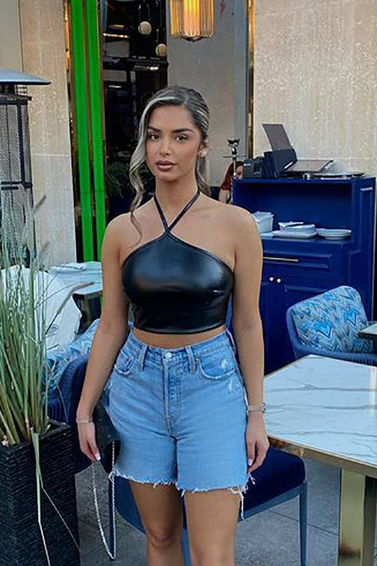 CWTHT0149_TIGHT-FITTING HALTERNECK TUBE TOP PU LEATHER TOP