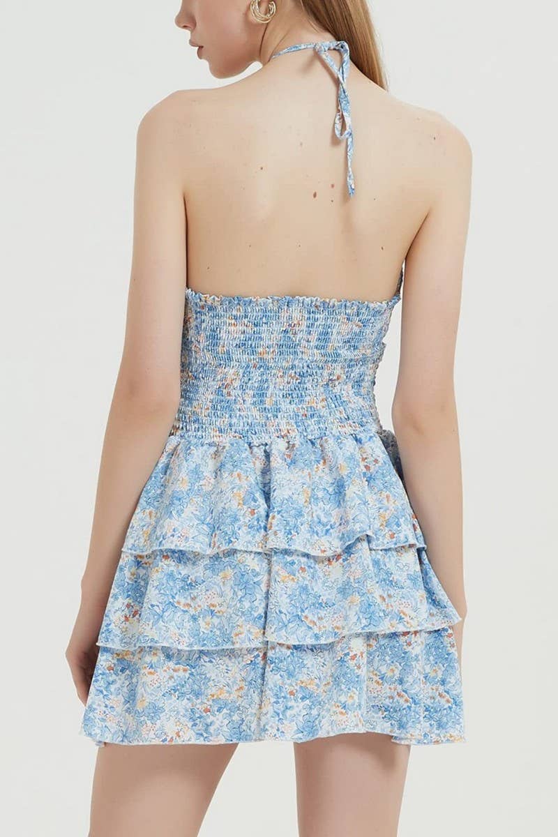 CWDHL1031_FLORAL HALTER WAIST RUCHED PUFF ROMPER DRESS