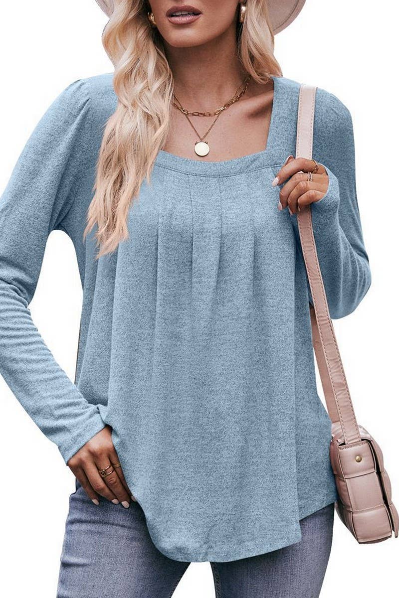 CWTBLL1836_PUFF SLEEVE SQUARE NECK PLEATED LONG SLEEVE TOP