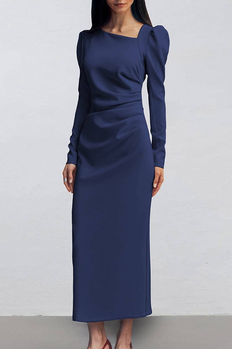 CWDMD6113_ASYMMETRIC NECK PUFF SLEEVE BODYCON SLIT DRESS