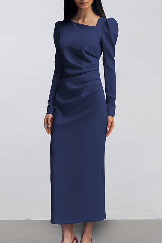 CWDMD6113_ASYMMETRIC NECK PUFF SLEEVE BODYCON SLIT DRESS