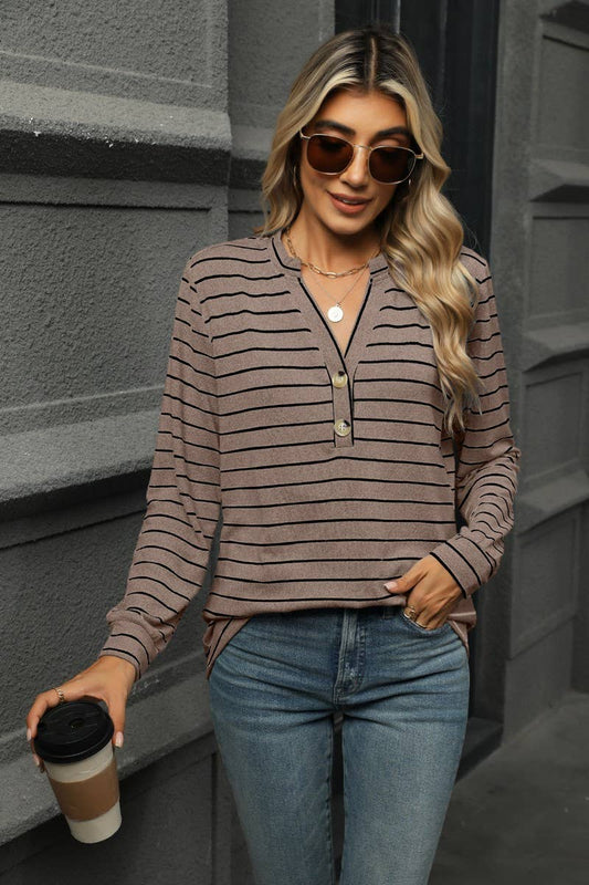 CWTBLL1864_STRIPED BRUSHED BUTTON LONG-SLEEVED T-SHIRT