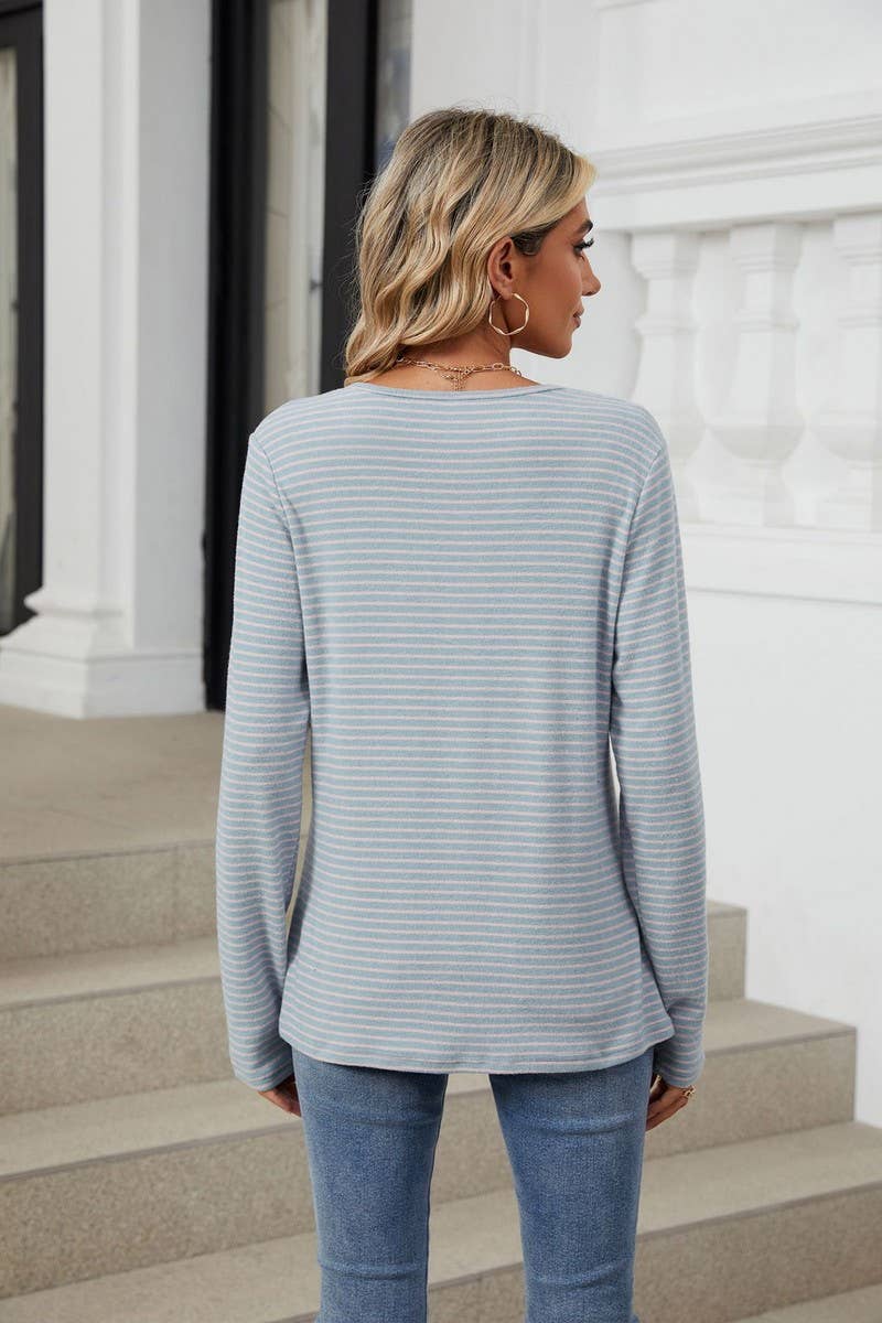 CWTBLL4015_STRIPED BUTTONED CREWNECK CASUAL TEE SHIRT