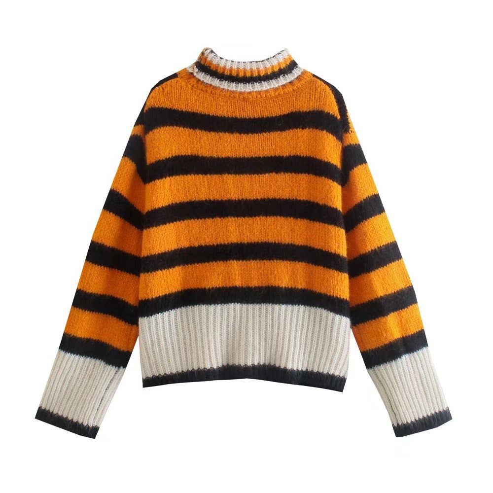 Color contrast striped half-turtleneck sweater