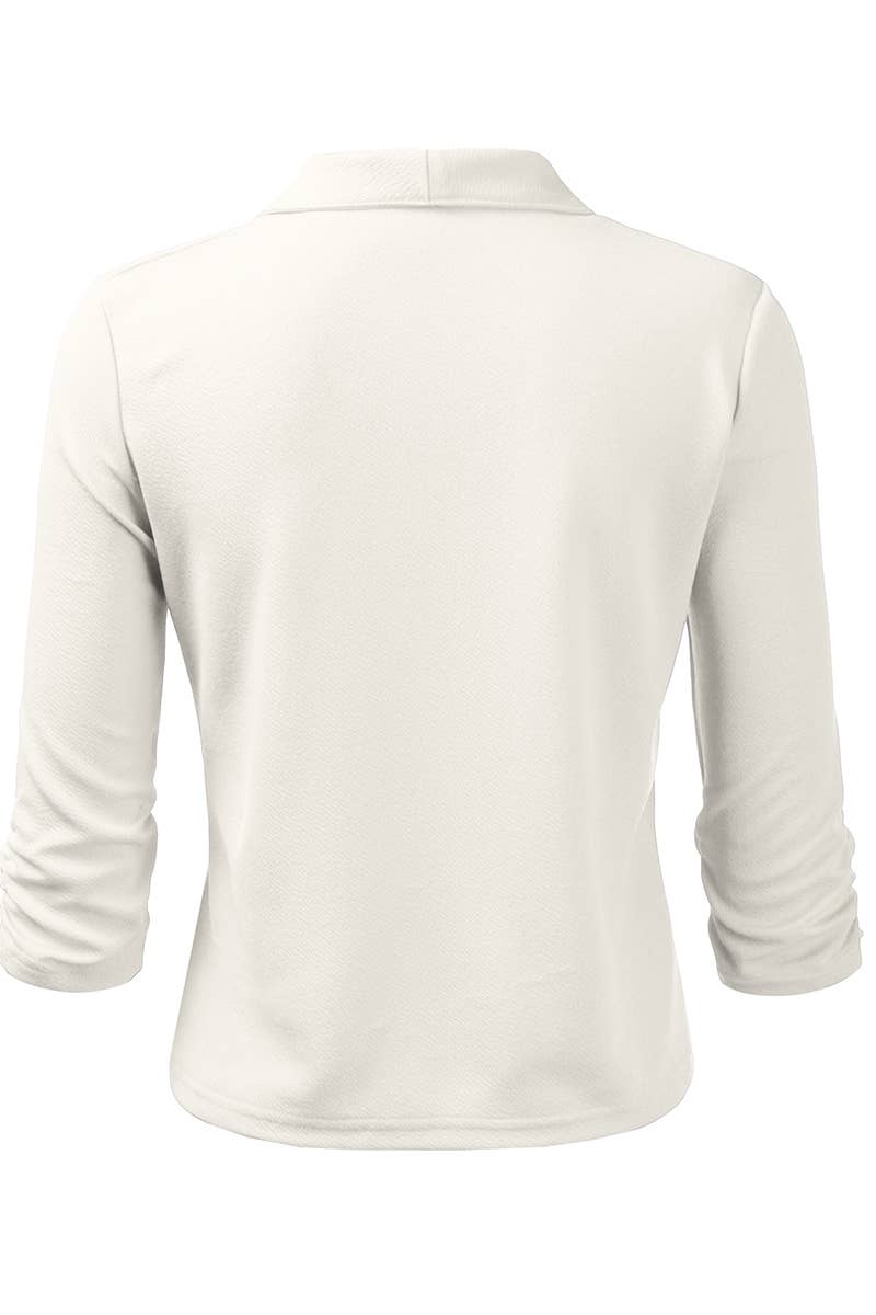 CWOBL091_Casual Work Ruched 3/4 Slv Open Front Blazer Jacket