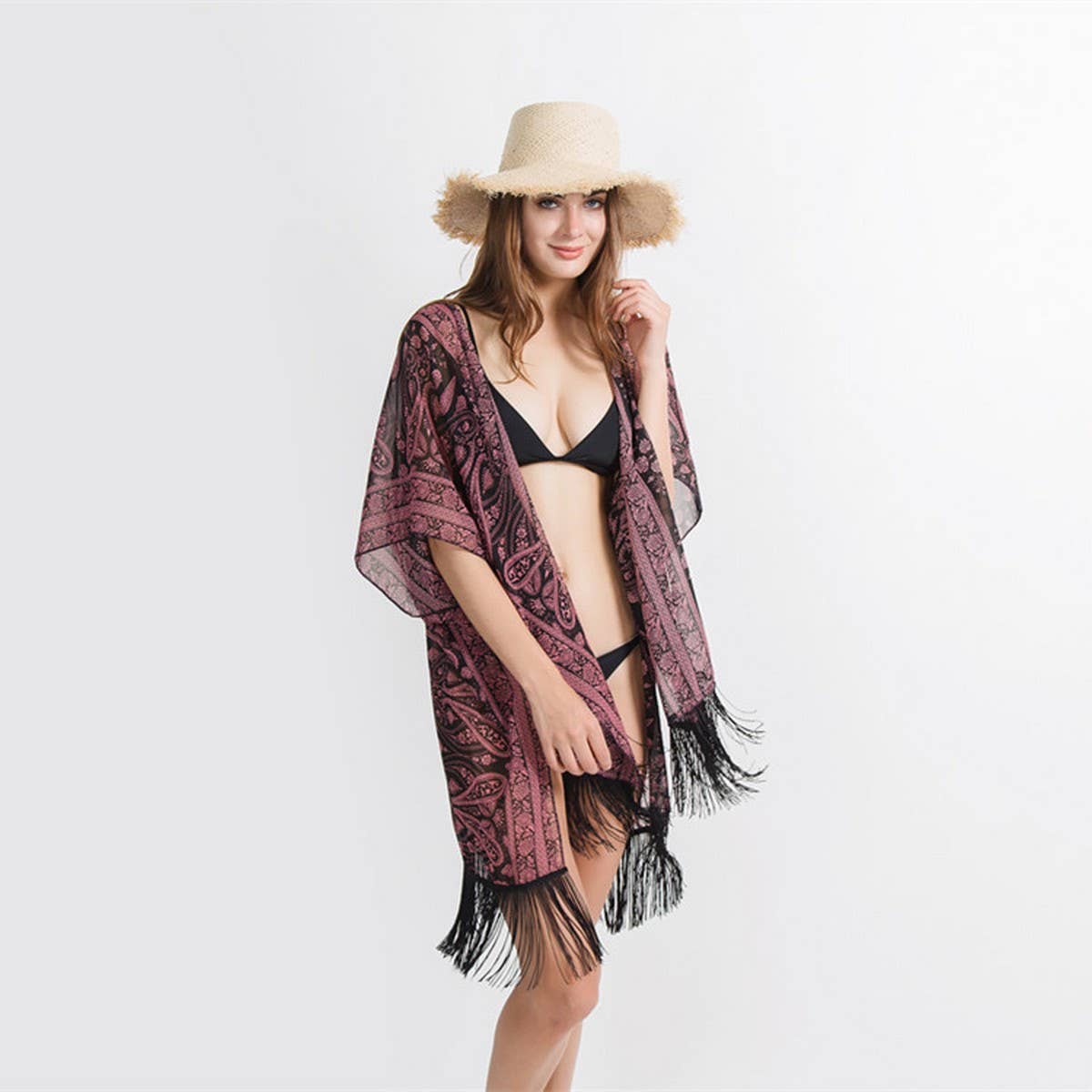 TASSEL PAISLEY PRINT OPEN FRONT KIMONO CARDIGAN