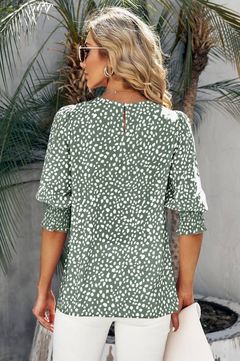 CWTBLS1600_ROUND NECK PRINTED SHORT-SLEEVED CHIFFON SHIRT