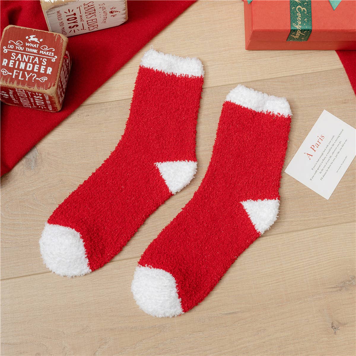 SANTA CLAUS ELK CORAL VELVET SOCKS