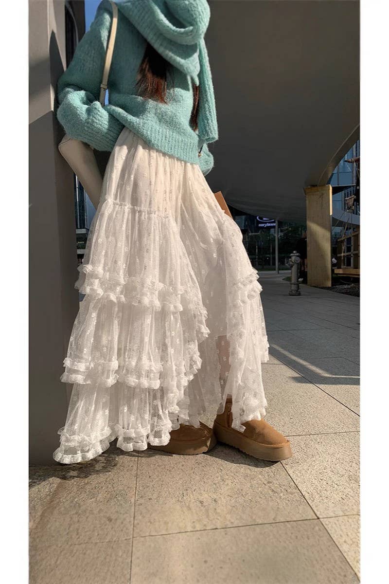 CWBLS00714_2025 FLORAL MESH RUFFLE IRREGULAR MAXI SKIRT