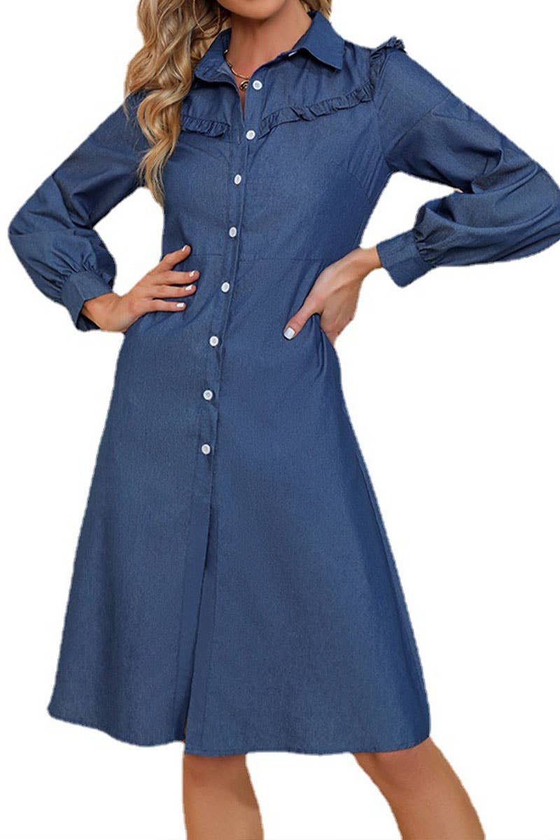 Denim long-sleeved dress with lapel wooden ears