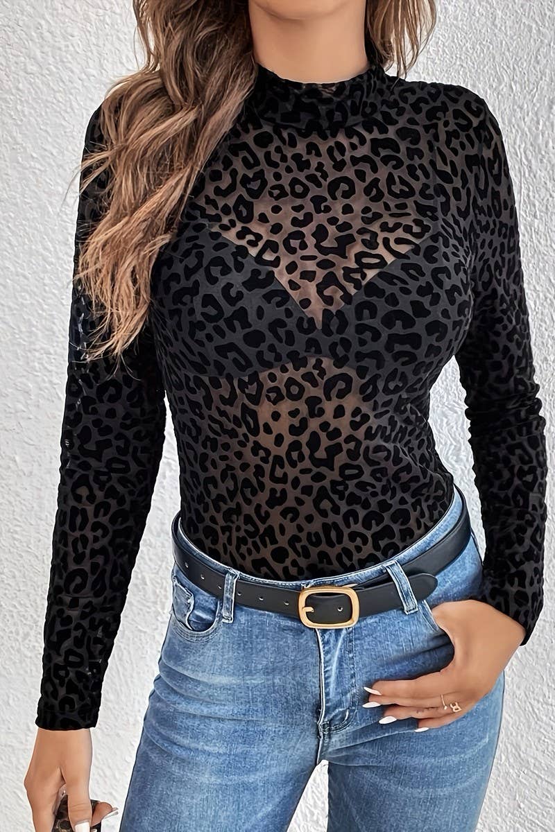 CWTBLL3466_LEOPARD PRINT STAND COLLAR MESH BOTTOMING TOP