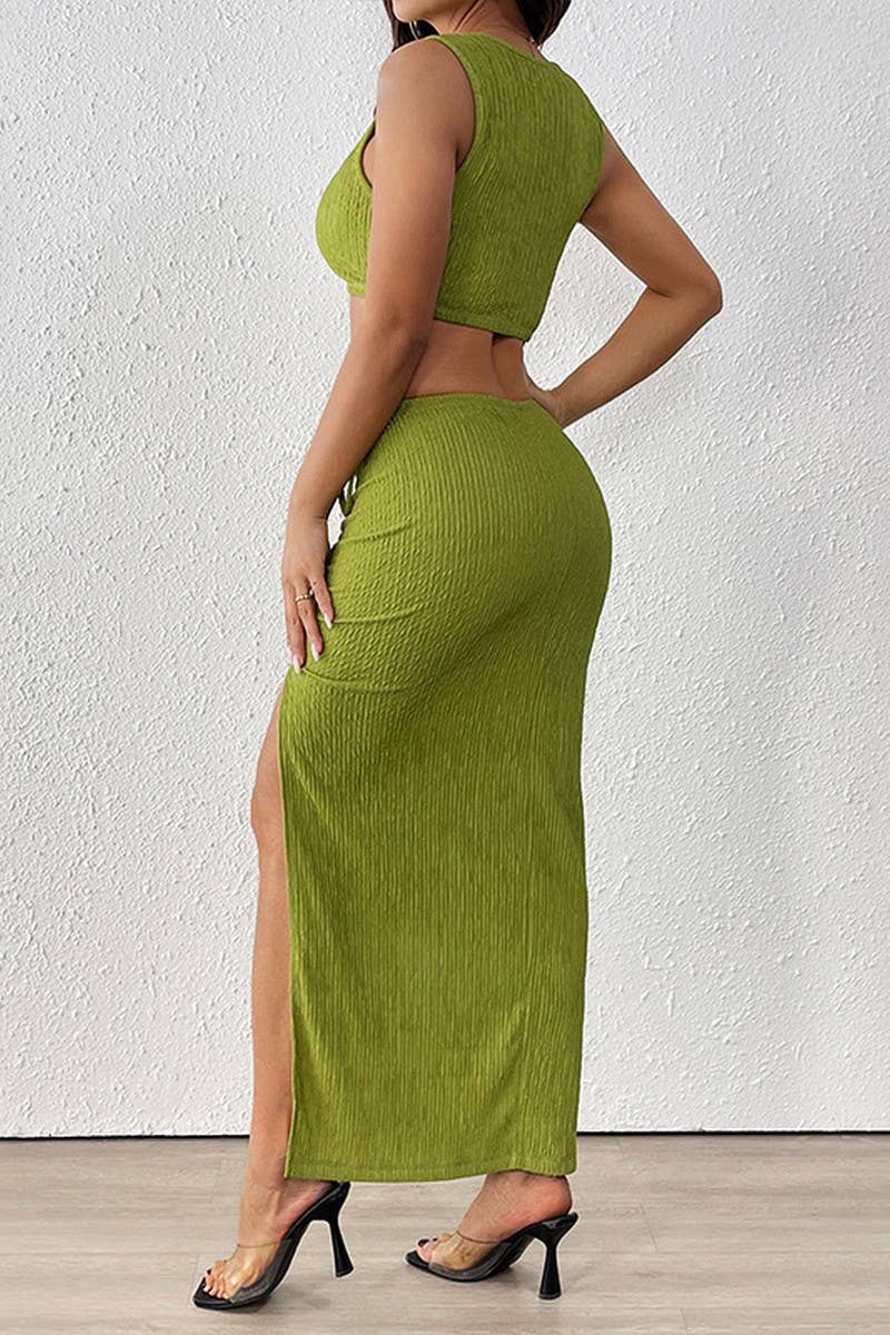 CWSTB1554_TEXTURED SLIT SLEEVELESS VEST TWO-PIECE SET