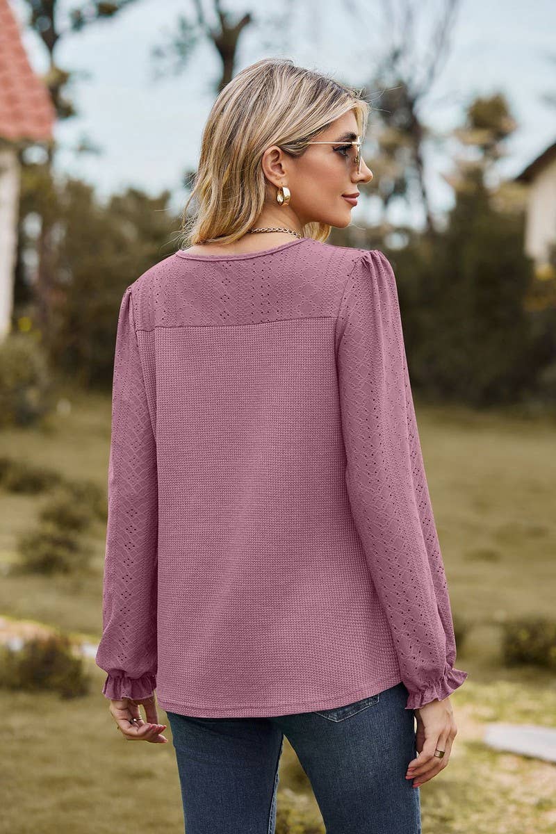 CWTBLL2417_SPLICED ROUND NECK LOOSE LONG SLEEVE T-SHIRT TOP
