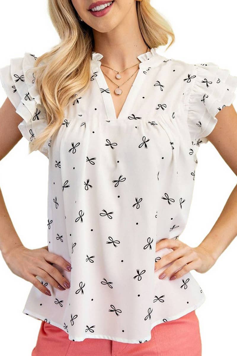 CWTBLS1815_SUMMER V-NECK SWEET PRINTED LADIES SHIRT