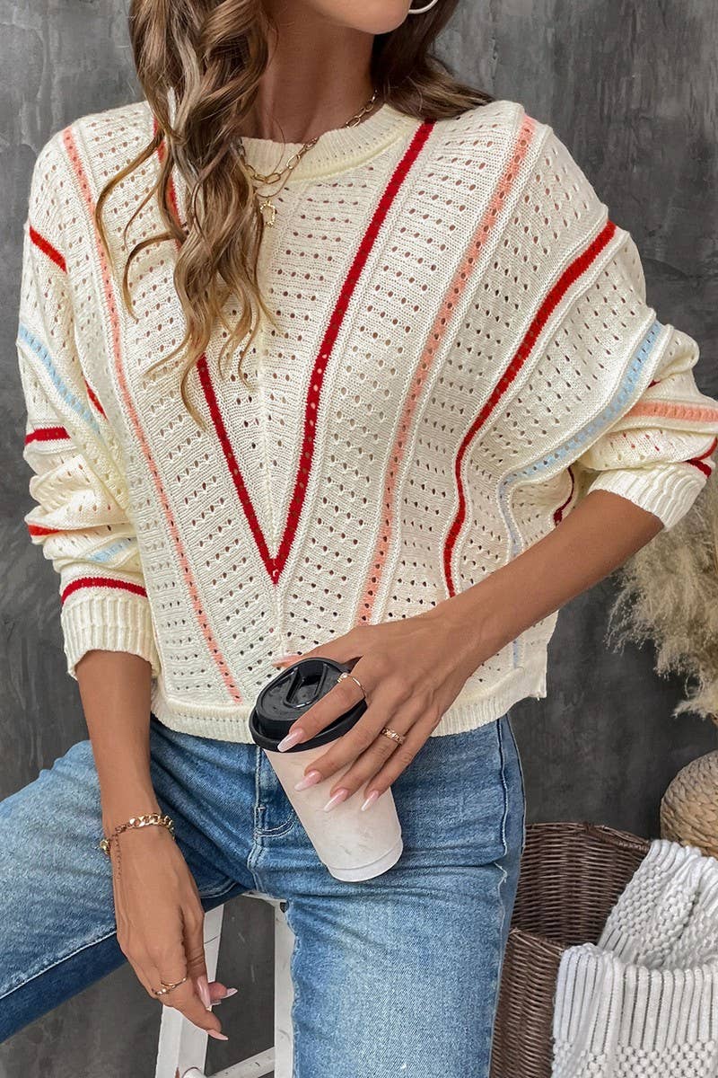 CWOSWL3837_COLORFUL STRIPED CREW NECK SWEATER
