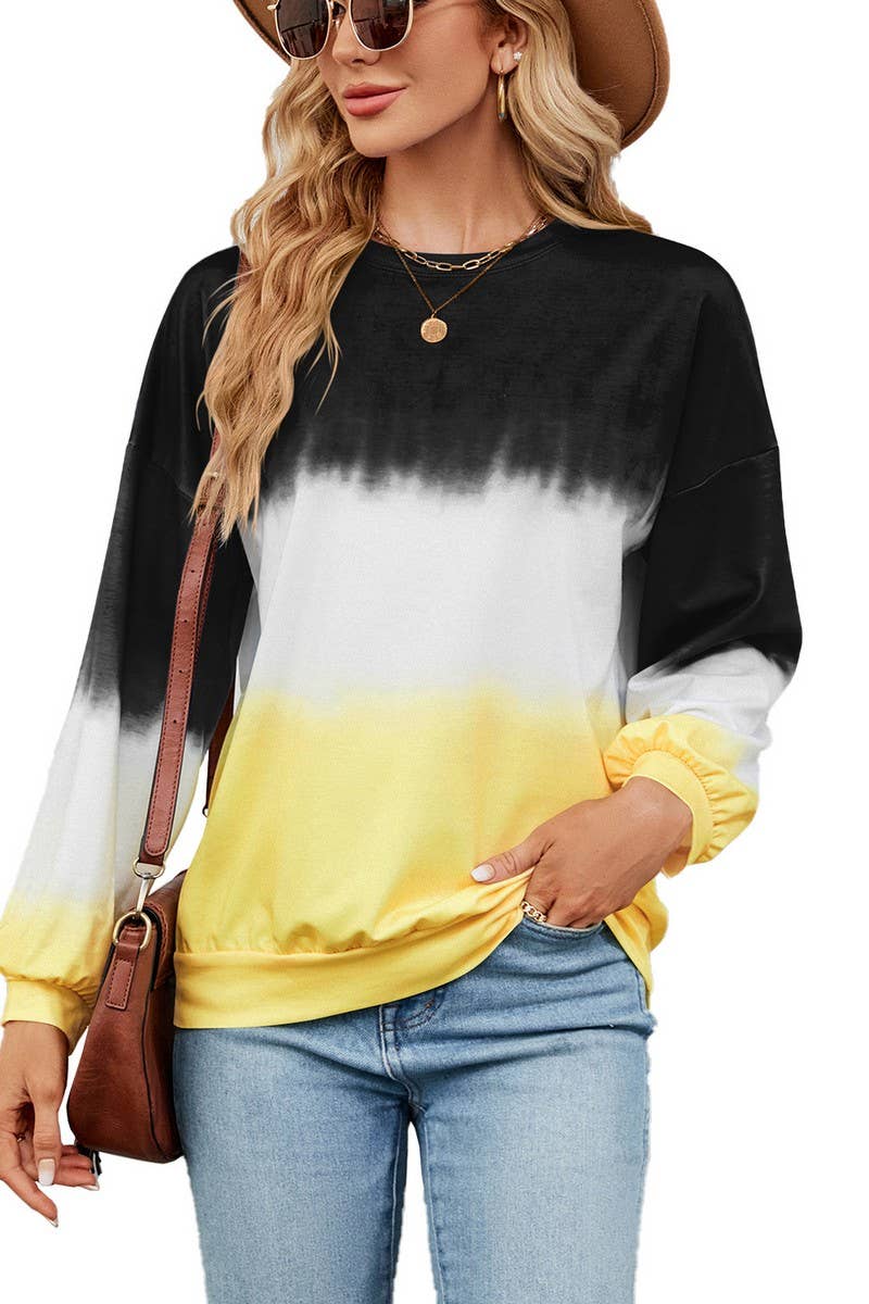 CWTBLL2414_TIE-DYE CONTRAST COLOR CREW NECK LONG SLEEVE TOP