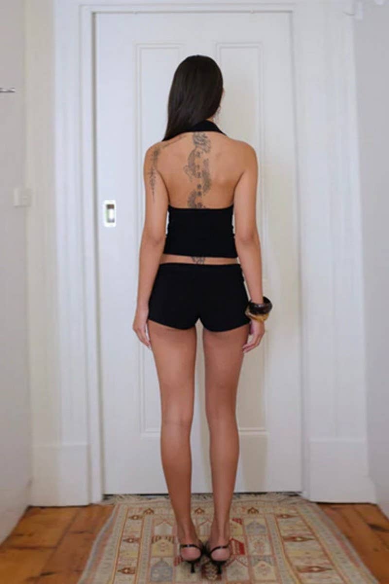 CWSS1114_HALTER FLORAL CROP TOP & HIGH WAIST SHORTS SET