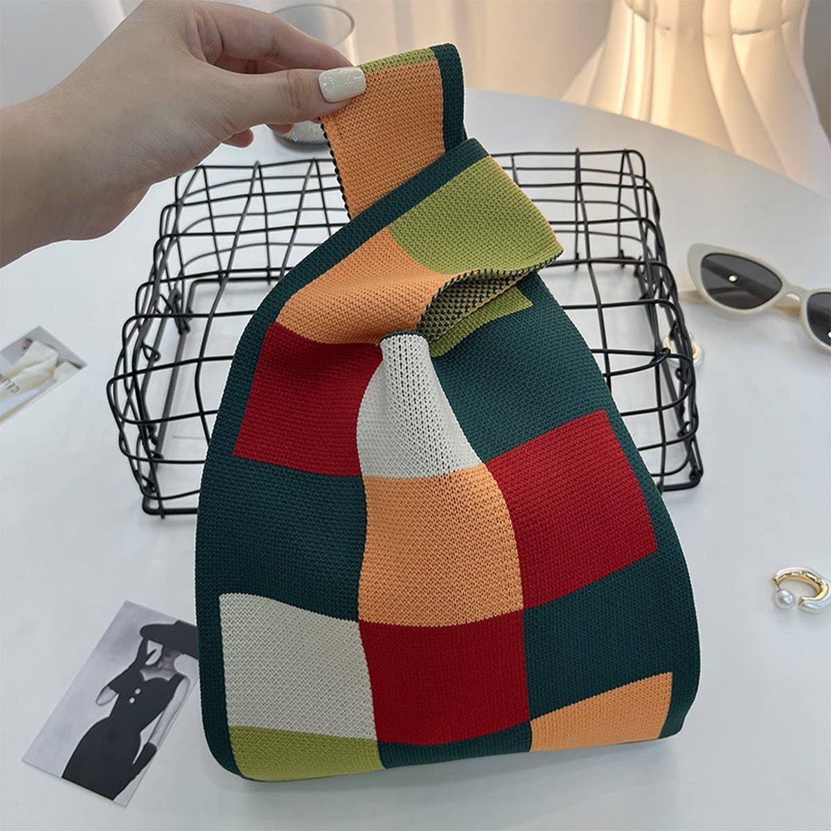 CUAB00622_CHECKERED KNIT SHOULDER BAG WOMEN WOVEN PURSE