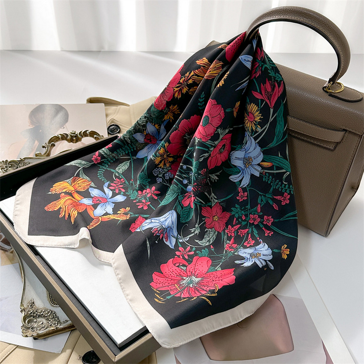 Lily Print Satin Square Scarf for Summer Sun
