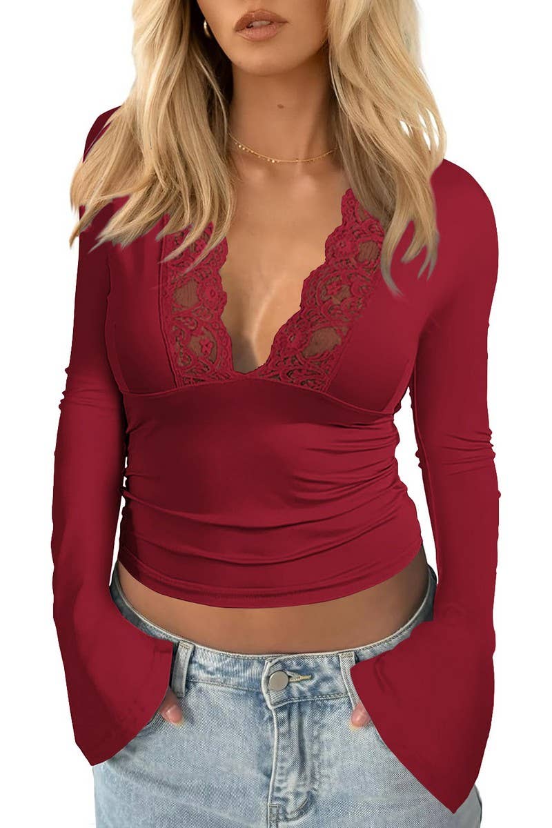 CWTBLL3700_V-NECK LACE STITCHING LONGSLEEVED BOTTOMING SHIRT