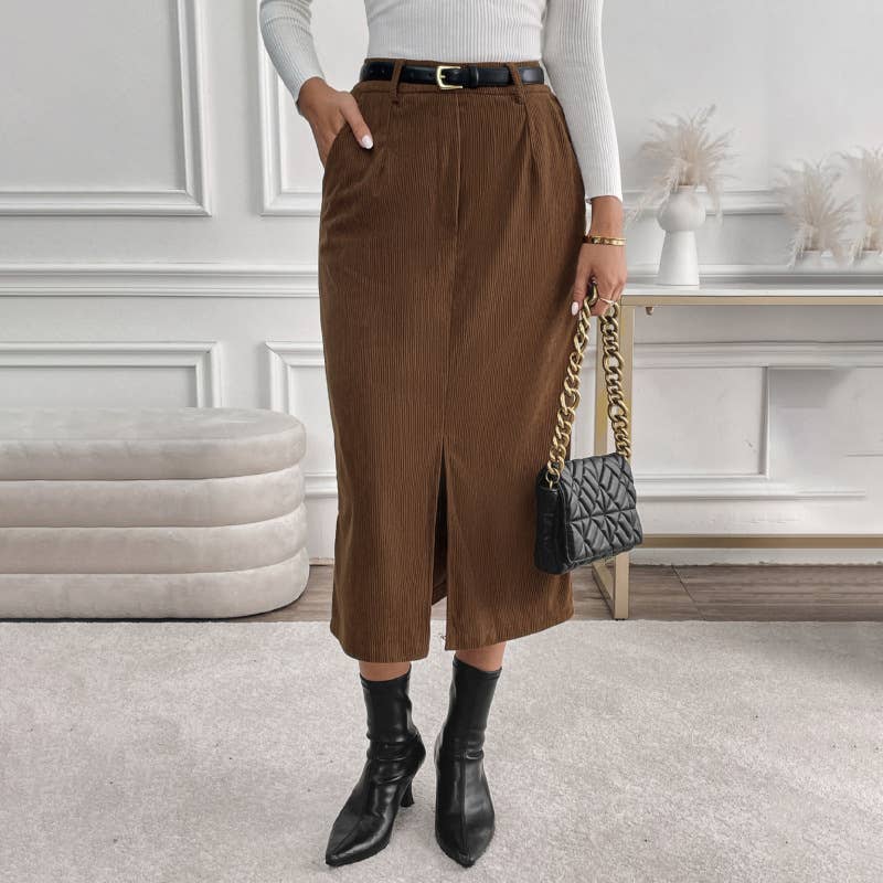 Elegant slit retro corduroy skirt
