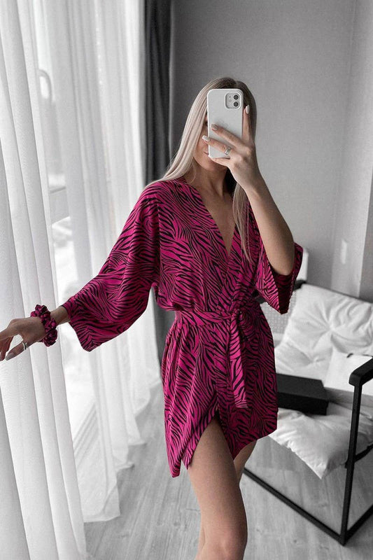CWSPJ0367_TIE-UP ZEBRA PRINT LONG-SLEEVED ROBE