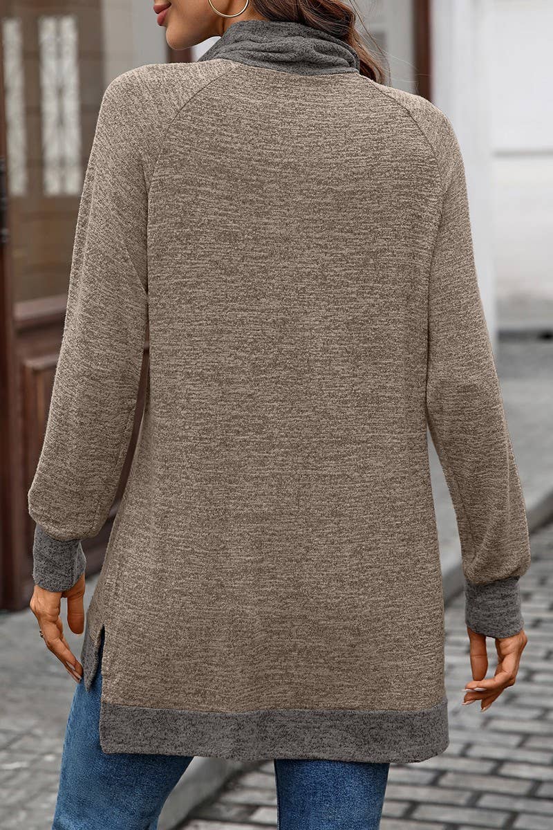 CWTBLL01308_COLORBLOCK SCARF NECK LONG SLEEVE CASUAL TOP