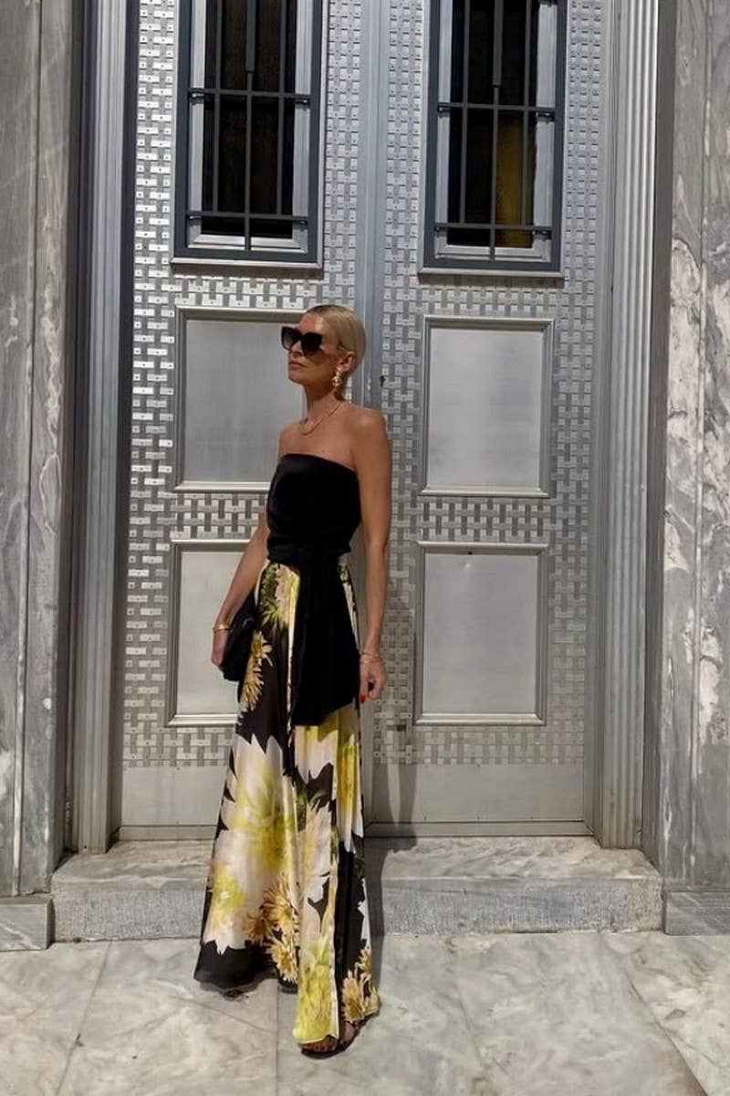 CWSTB340_BANDEAU TOP AND PRINTED SWING SKIRT SET