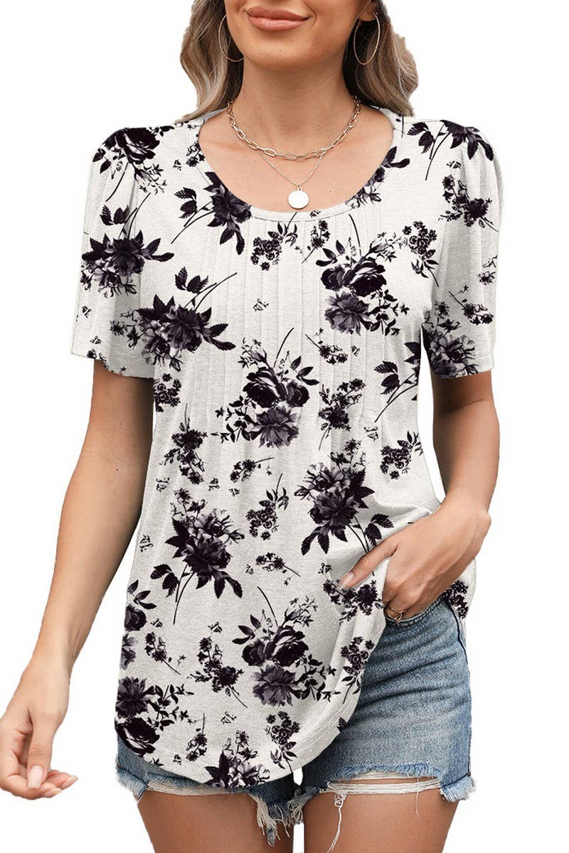 CWTBLS1724_LOOSE CREW NECK PLEATED PRINT SHORT SLEEVE TOP