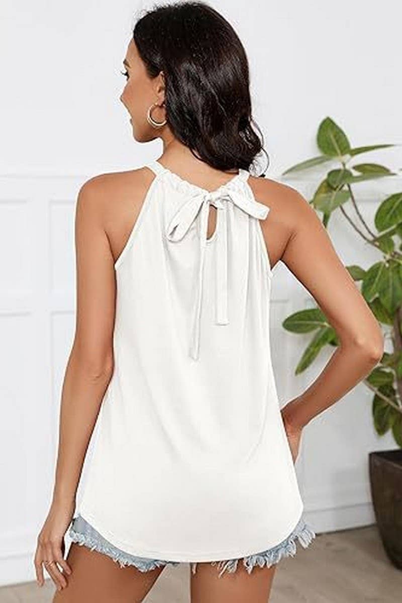 CWTBLSL0909_CASUAL SOLID RUCHED TIE NECK SLEEVELESS TOP