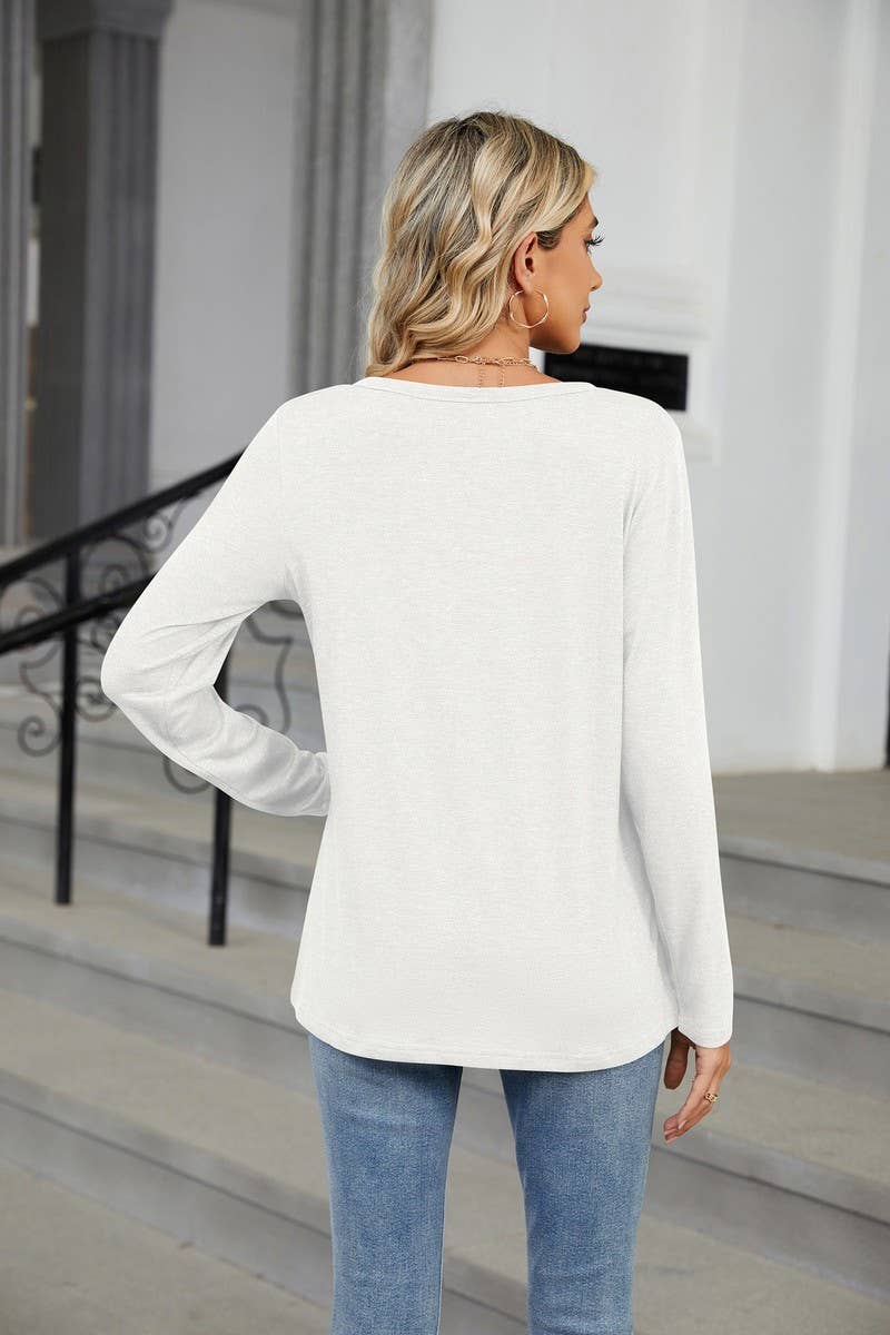 CWTBLL2369_V-NECK SOLID COLOR LOOSE LONG-SLEEVED T-SHIRT