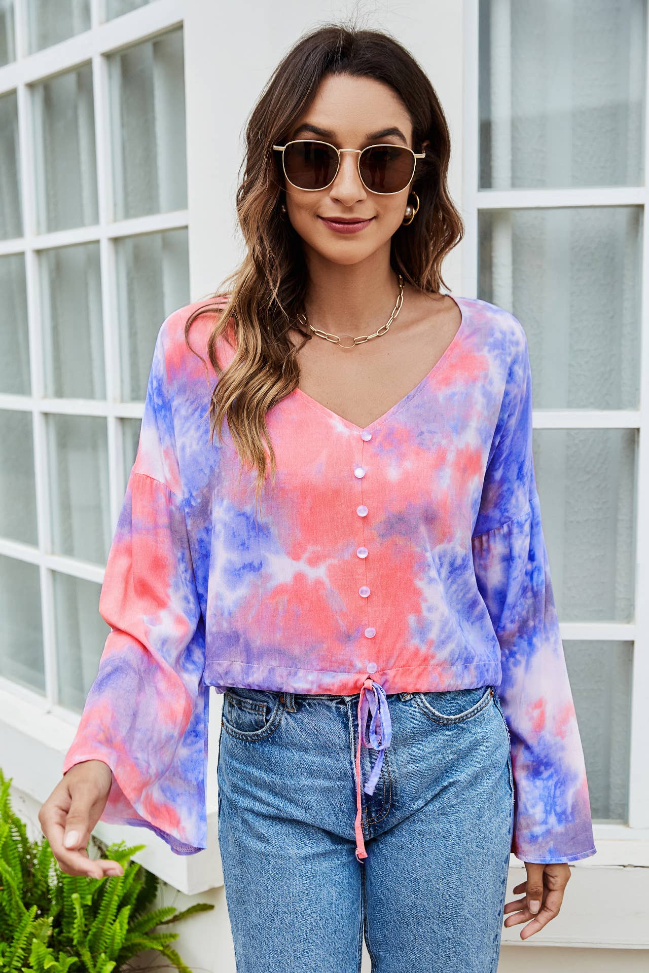 BIG V-NECK TIE-DYE SINGLE BREASTED T-SHIRT