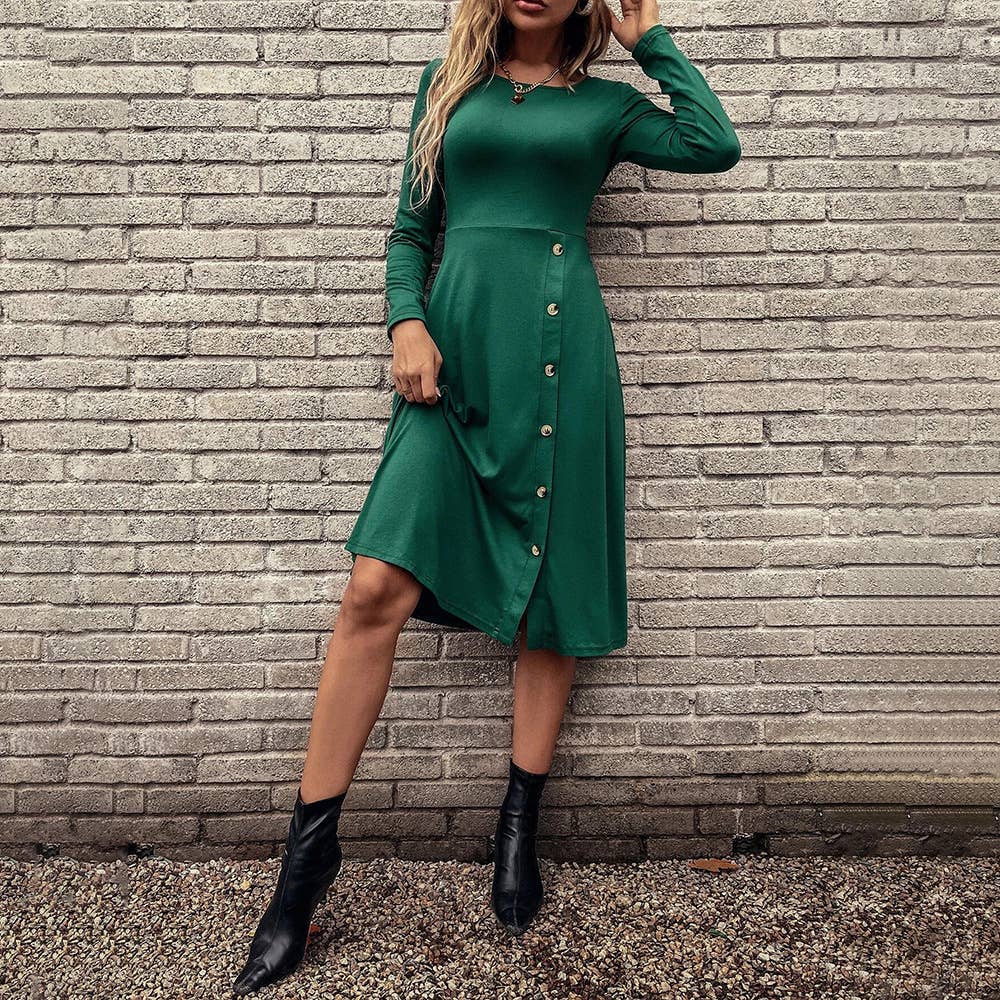 CREW-NECK SPLIT KNIT LONG-SLEEVED MIDI SKIRT