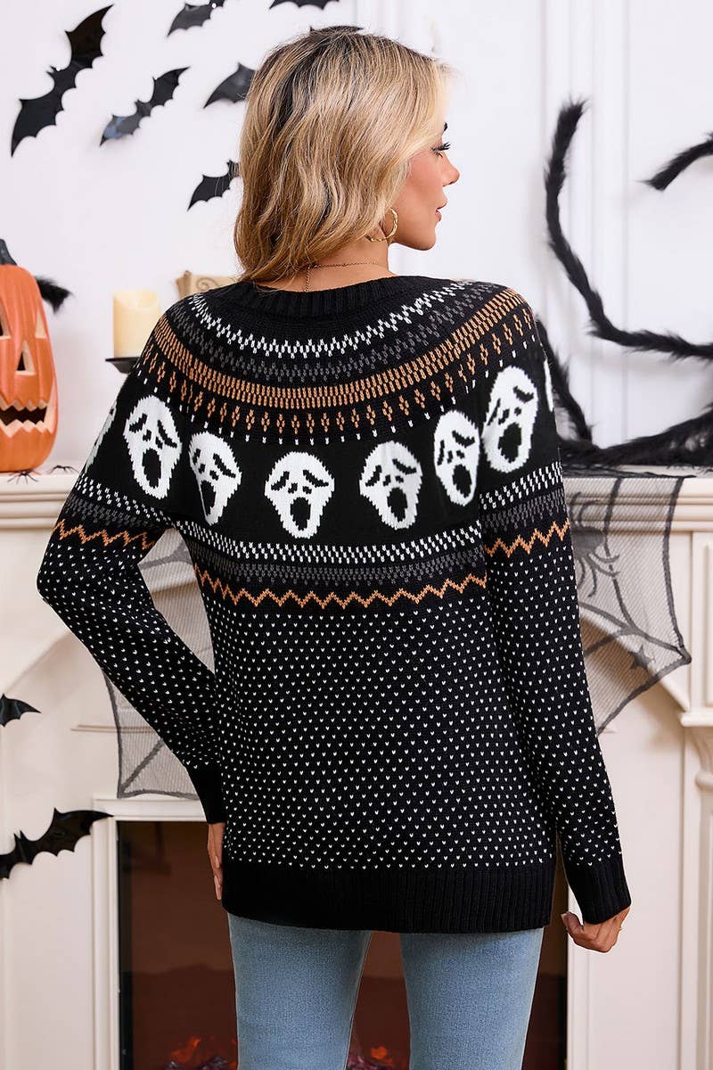 CWOSWL07357_LOOSE HALLOWEEN SKULL JACQUARD CREWNECK SWEATER