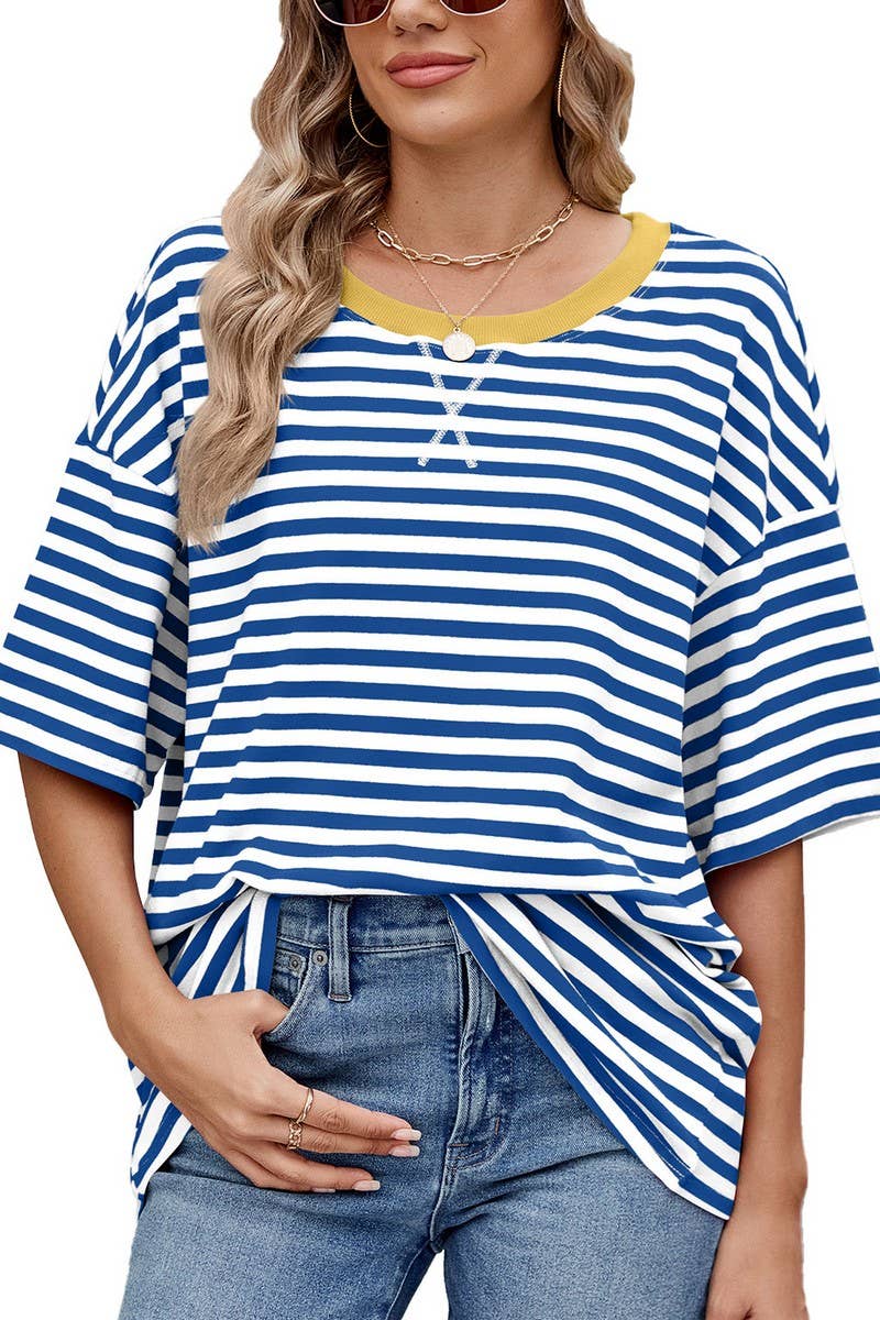 CWTTS1324_SPRING AND SUMMER STRIPED CONTRAST LOOSE T-SHIRT