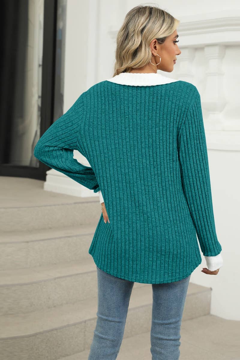 CWOSWL6610_WINTER V-NECK LONG-SLEEVED LAPEL SWEATER