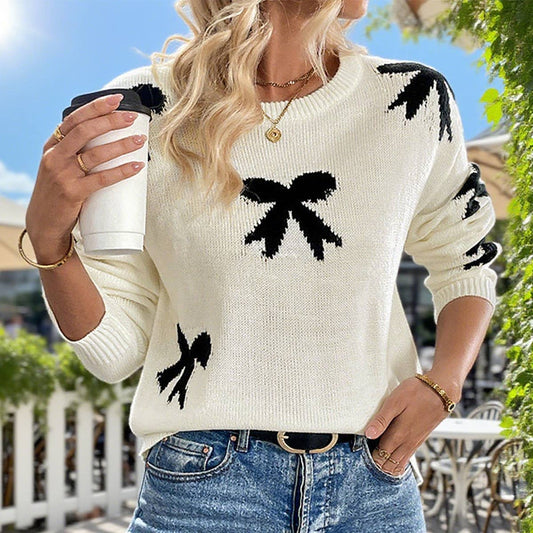 Casual and simple bow jacquard knitted sweater