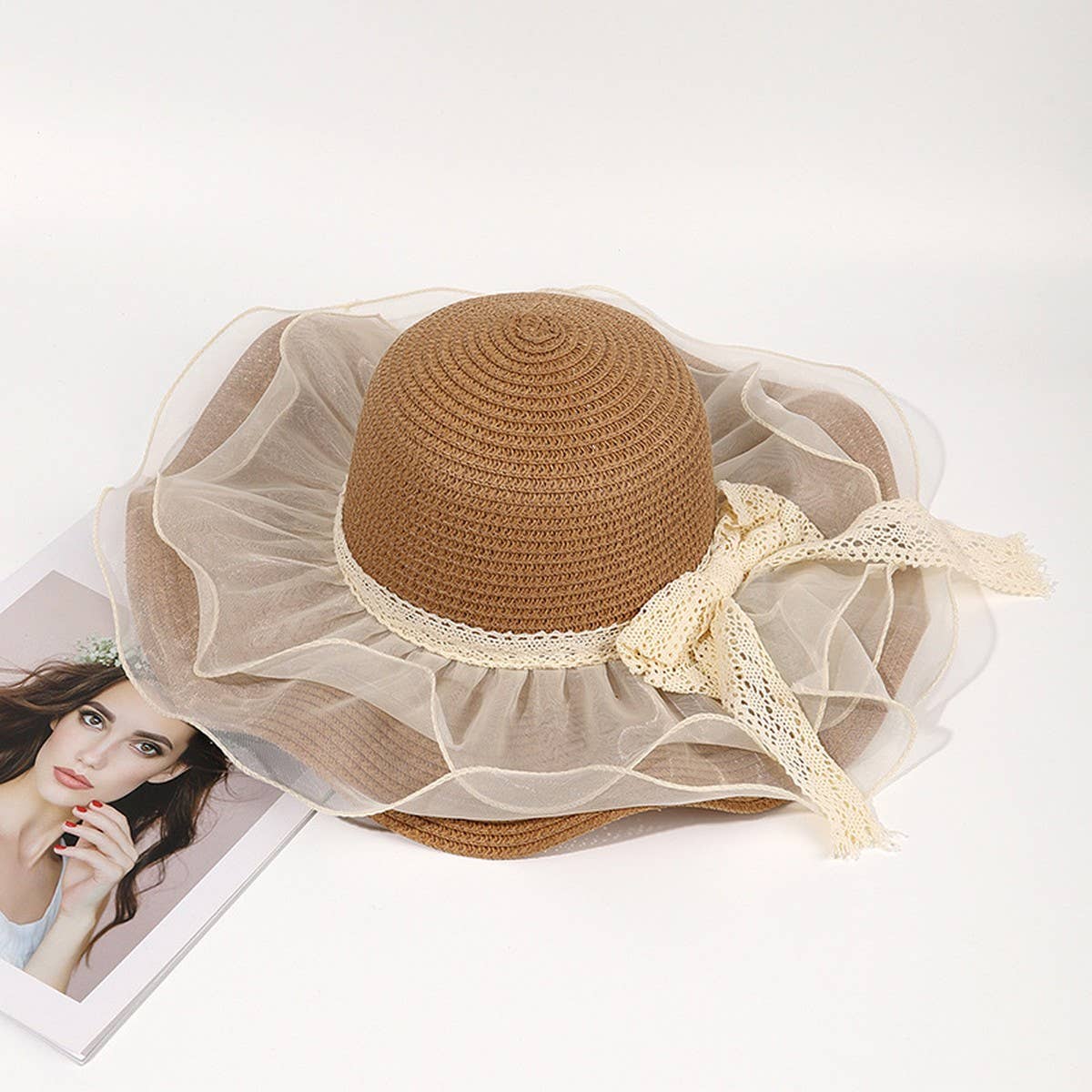 Fashion bow ribbon wide brim straw hat_CWAH3474