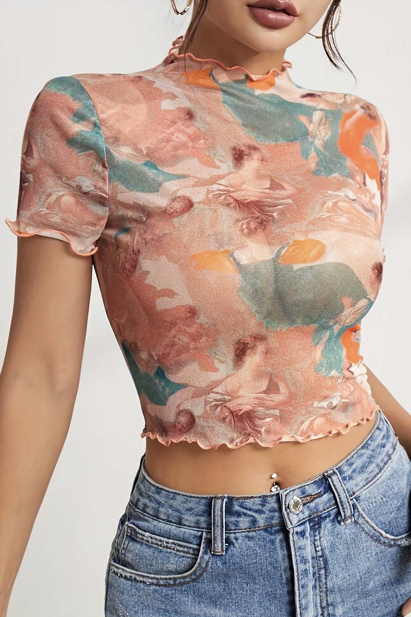CWTBLS1534_MESH PRINTED RUFFLED SHORT SLEEVE T-SHIRT TOP