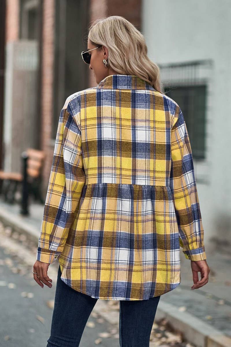 CWTSTL2484_LAPEL LONG SLEEVE POCKET CASUAL PLAID SHIRT