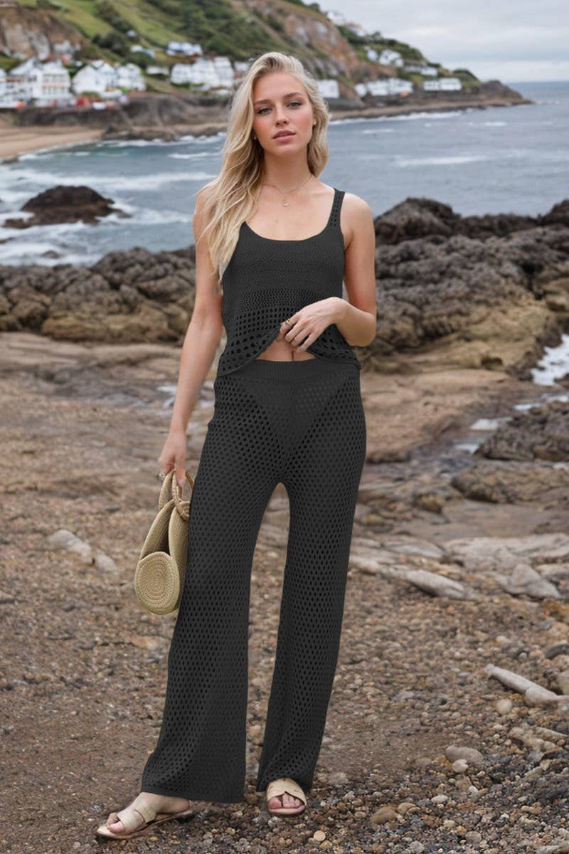 CWSTB1531_SOLID COLOR SHORT BEACH KNITTED VEST SET