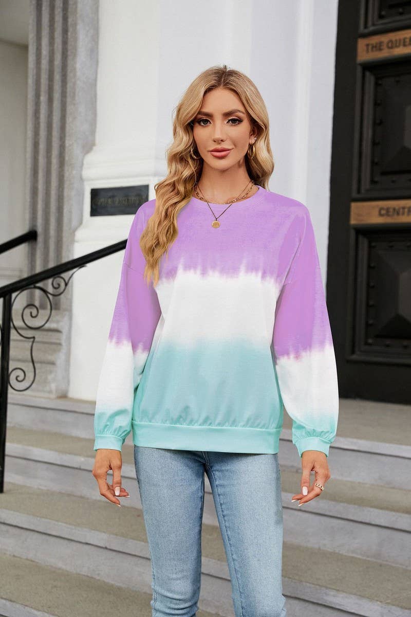 CWTBLL2414_TIE-DYE CONTRAST COLOR CREW NECK LONG SLEEVE TOP
